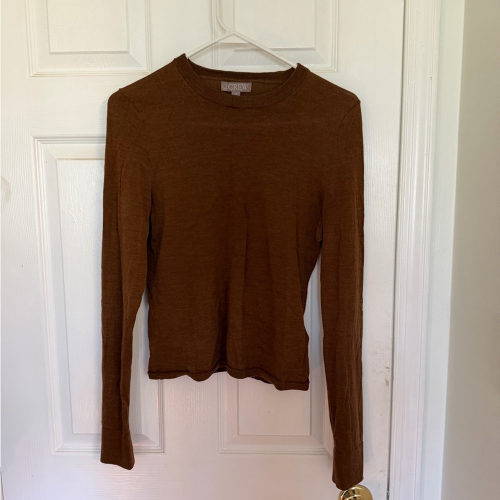 J. Crew Slim Long-Sleeve Merino Wool Crewneck Top in Chestnut Brown
